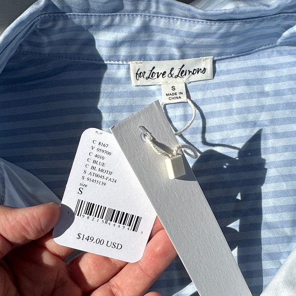 For Love And Lemons Blue Striped Shirt with Floral Pocket - Picture 3 of 7